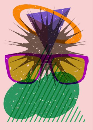 Ilustración de Gafas graduadas Risograph y burbuja de habla con formas geométricas. Objeto de gafas en diseño gráfico riso de moda con elementos geométricos. - Imagen libre de derechos