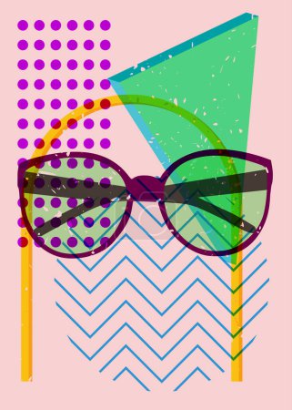 Ilustración de Gafas graduadas Risograph y formas geométricas. Objeto de gafas en diseño gráfico riso de moda con elementos geométricos. - Imagen libre de derechos