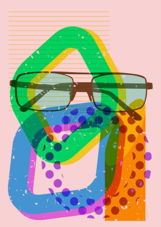 Ilustración de Gafas graduadas Risograph y formas geométricas. Objeto de gafas en diseño gráfico riso de moda con elementos geométricos. - Imagen libre de derechos