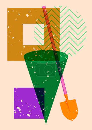 Risograph Spade, Shovel with geometric shapes. Objects in trendy riso graph print texture style design with geometry elements.
