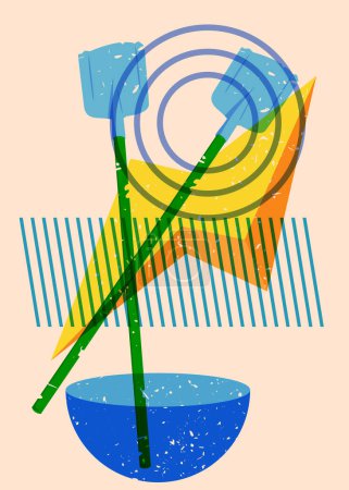 Risograph Spade, Shovel with geometric shapes. Objects in trendy riso graph print texture style design with geometry elements.