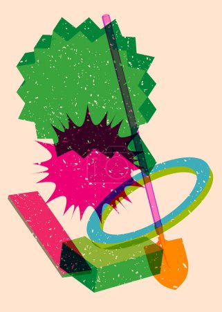 Risograph Spade, Shovel with speech bubble with geometric shapes. Objects in trendy riso graph print texture style design with geometry elements.