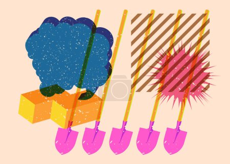 Risograph Spade, Shovel with speech bubble with geometric shapes. Objects in trendy riso graph print texture style design with geometry elements.
