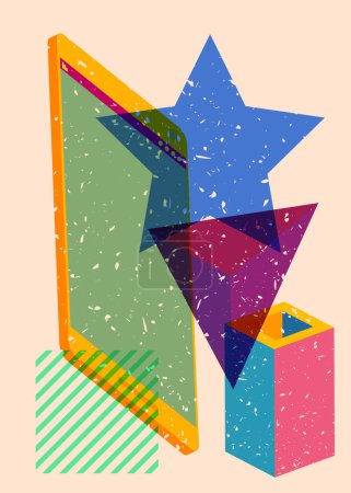 Risograph Smart Phone with geometric shapes. Objects in trendy riso graph print texture style design with geometry elements.