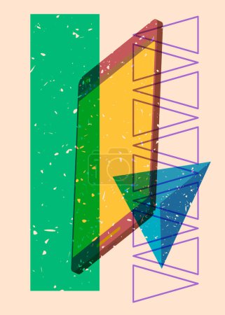 Risograph Smart Phone with geometric shapes. Objects in trendy riso graph print texture style design with geometry elements.