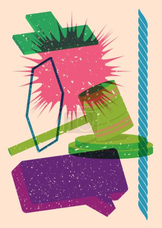 Risograph Gavel with speech bubble with geometric shapes. Objects in trendy riso graph print texture style design with geometry elements.