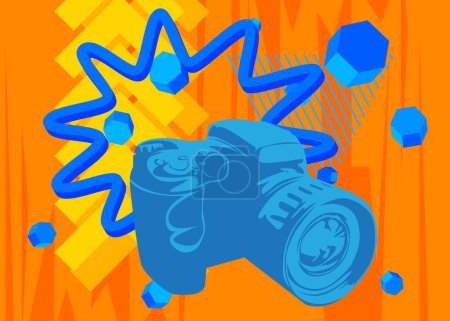 Blue and Yellow Camera, Photographic Equipment with geometrical graphic retro theme background. Minimal geometric elements. Vintage abstract shapes vector illustration.