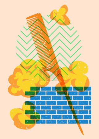 Risograph comb with geometric shapes. Objects in trendy riso graph print texture style design with geometry elements.