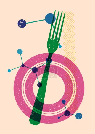 Risograph fork with geometric shapes. Objects in trendy riso graph print texture style design with geometry elements.