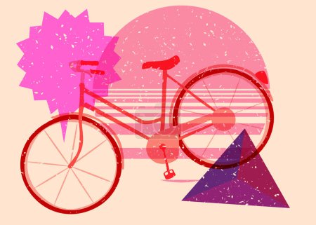 Ilustración de Bicicleta Risograph con burbuja de habla con formas geométricas. Objetos en diseño de estilo de textura de impresión de grafo riso de moda con elementos de geometría. - Imagen libre de derechos