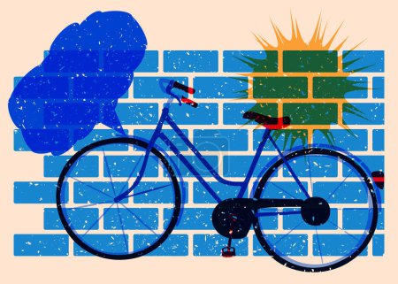 Ilustración de Bicicleta Risograph con burbuja de habla con formas geométricas. Objetos en diseño de estilo de textura de impresión de grafo riso de moda con elementos de geometría. - Imagen libre de derechos