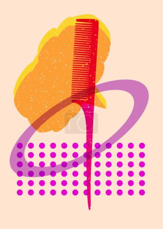 Risograph comb with speech bubble with geometric shapes. Objects in trendy riso graph print texture style design with geometry elements.