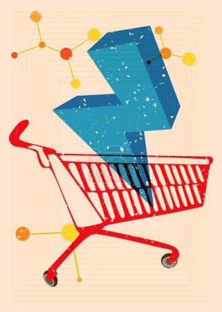 Risograph Shopping Cart with geometric shapes. Objects in trendy riso graph print texture style design with geometry elements.
