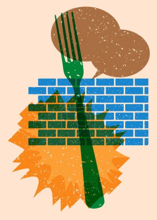 Risograph fork with speech bubble with geometric shapes. Objects in trendy riso graph print texture style design with geometry elements.