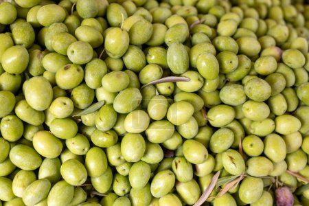 Photo for Green fresh olives in a plastic box for sale in the market - Royalty Free Image