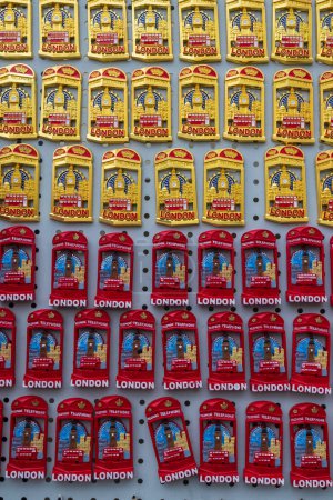 Photo for London,UK -18 April 2023, Souvenir fridge magnets depicting Big Ben and a red telephone booth - Royalty Free Image