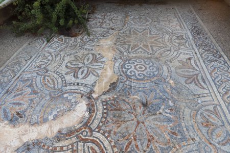 Téléchargez les photos : Restes d'une ancienne mosaïque d'une église orthodoxe du VIe siècle à Tel Shikmona, sur les rives de la mer Méditerranée, près de la ville de Haïfa, au nord d'Israël - en image libre de droit