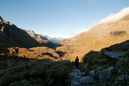 Photo for Hiker at Routeburn Track Great Walk walking down to Routeburn Valley, Tramping in New Zealand - Royalty Free Image