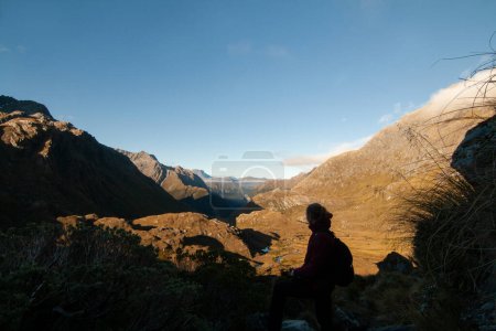 Photo for Hiker at Routeburn Track Great Walk walking down to Routeburn Valley, Tramping in New Zealand - Royalty Free Image