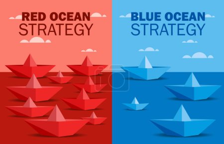 Illustration of Red Ocean and Blue Ocean Strategy Concept business marketing presentation. Paper boats on red ocean and blue ocean Marketing. Red boats on very competitive market many competitors. Blue boat is on a non-competitive market successful b