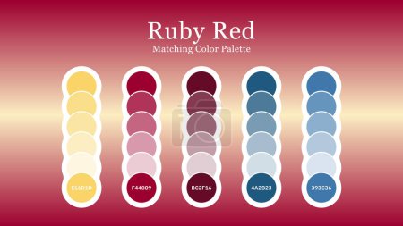 Set mit rubinroter Farbpalette in rgb hex. Passende Farbpalette Führer Swatch Katalog Sammlung mit RGB HEX Farbkombinationen. Geeignet für Branding, Mode, Wohn- oder Innenarchitektur. Rubinrot ist eine schöne und dramatische Farbe, die ca.