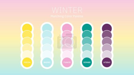 Set of Winter Color Palette Combination in RGB Hex. Matching color palette guide swatch catalog collection with RGB HEX color combinations. Suitable for Branding, fashion, home, or interior design. The winter color palette is all about cool tones, bo