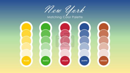 Set der New Yorker Farbpalettenkombination in RGB-Hex. New York City ist eine lebendige und energiegeladene Stadt, und ihre Farbpalette spiegelt dies wider. Geeignet für Branding, Mode, Wohn- oder Innenarchitektur. Farbpaletten von New York City inspiriert.