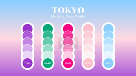 Ensemble de combinaison de palettes de couleurs Tokyo en hexagone RVB. Tokyo, une ville vibrante qui allie tradition et modernité, offre une richesse d'inspiration pour créer des palettes de couleurs. Convient pour l'image de marque, la mode, la maison ou le design d'intérieur. Palettes de couleurs Inspirez