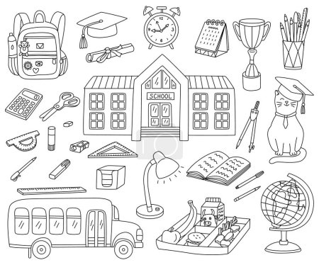 Illustration for Back to school set with a bus, stationary, breakfast on a tray, backpack, alarm clock. Hand drawn doodle illustration, black outline. - Royalty Free Image