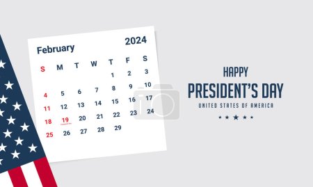 Hintergrunddesign für den Tag des Präsidenten mit US-Flagge und Kalender für Februar 2024.