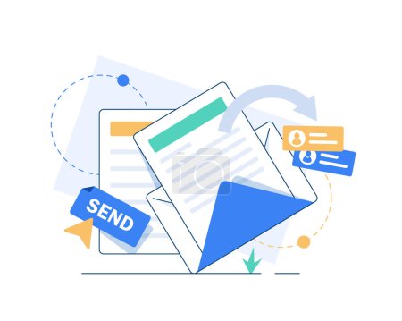 E-Mail und Messaging, E-Mail Marketing Kampagne, Arbeitsprozess, neue E-Mail Nachricht, flache Design Icon Vektor Illustration
