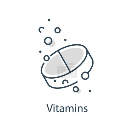 Téléchargez les illustrations : Vitamines ou substitut de sucre, bulles d'eau, symbole de ligne mince sur fond blanc, icône de comprimé soluble, pilule effervescente - en licence libre de droit