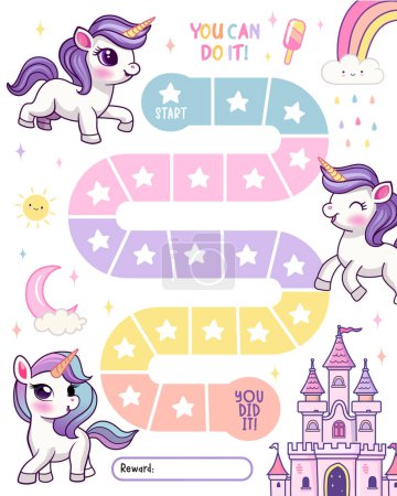 Unicorn reward chart for girls and boys. Cute baby unicorn. Table of behavior and routine work of kids. illustration.
