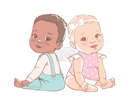 Cute little baby boy and a girl are sitting and smiling. Active baby 3-12 months in baby. First years baby development. Multicultural kids. Vector illustration in pastel colors.