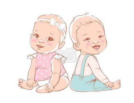 Cute little boy and a girl are sitting and smiling. Active baby 3-12 months in baby. First years baby development. Brother and sister. Caucasian ethnicity. Vector illustration in pastel colors