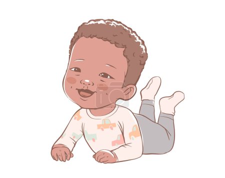 Netter kleiner Junge, der sich hinlegt und lacht. Aktives dunkelhäutiges Baby von 3-12 Monaten in Babykleidung. Die ersten Jahre Baby-Entwicklung. Afrikanisch-amerikanisches Kind. Abbildung in Pastellfarben