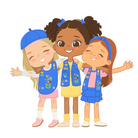 Glückliche multi-ethnische multi-aged Mädchen Scout Umarmung. Pfadfinderinnen umarmen sich fröhlich und lächeln. Mädchen zusammen. Daisy Mädchen Scout Uniform