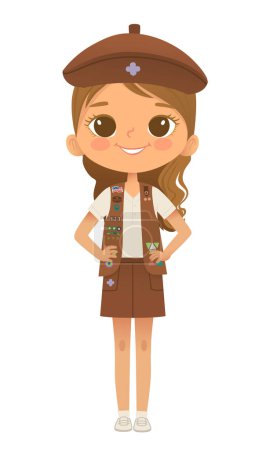 Young smiling girl scout wearing sash with badges isolated on white background. Female scouter, Brownie ligue Scout Girls troop.