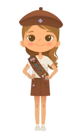 Young smiling girl scout wearing sash with badges isolated on white background. Female scouter, Brownie ligue Scout Girls troop