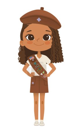 Young smiling African American girl scout wearing sash with badges isolated on white background. Female scouter, Brownie ligue Scout Girls troop