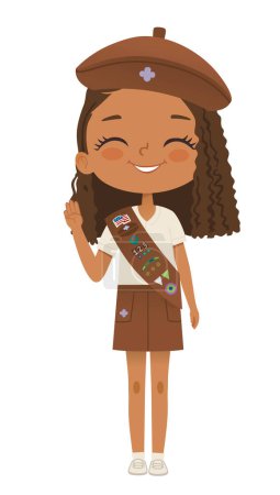 Lächelnder afroamerikanischer Pfadfinder mit Schärpe und Abzeichen auf weißem Hintergrund. Pfadfinderinnen, Brownie ligue Scout Girls Truppe