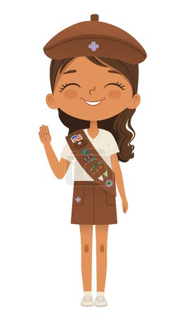 Lächelnder afroamerikanischer Pfadfinder mit Schärpe und Abzeichen auf weißem Hintergrund. Pfadfinderinnen, Brownie ligue Scout Girls Truppe