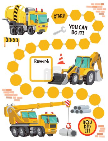 Construction reward chart for girls and boys. Building machines reward chart. Table of behavior and routine work of kids. Vector illustration.