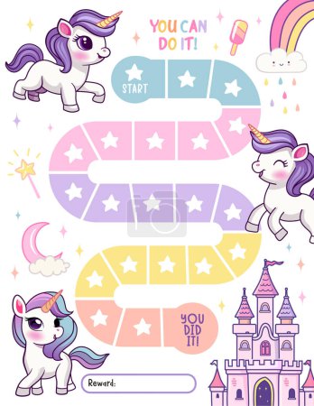 Unicorn reward chart for girls and boys. Cute baby unicorn. Table of behavior and routine work of kids. Vector illustration