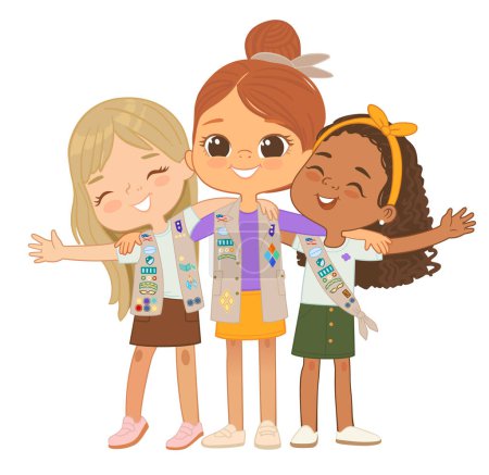 Glückliche multi-ethnische multi-aged Mädchen Scout Umarmung. Pfadfinderinnen umarmen sich fröhlich und lächeln. Mädchen zusammen. Kadettinnen-Scout.