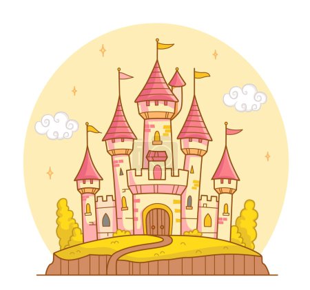 Beautiful fairy-tale castle for princess. Magic kingdom. Vintage Eastern Palace. Wonderland. Isolated cartoon illustration on a white background for stickers. Vector.