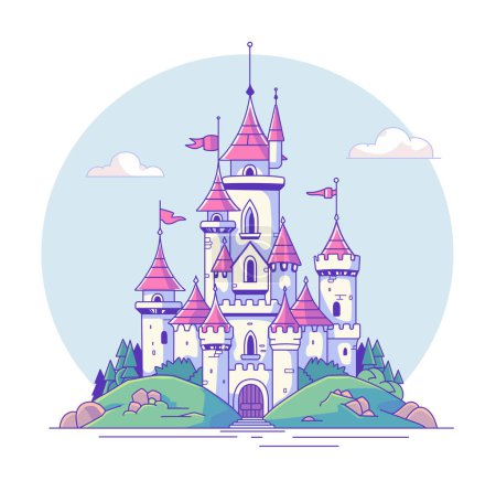 Princess Castle Illustration. Torre Unicornio de cuento de hadas. Hermoso castillo de cuento de hadas para la princesa. Ilustración de dibujos animados aislados sobre un fondo blanco para pegatinas. Vector.