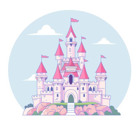 Vector illustration for children with fairy pink castle. Medieval fairytale magical magic fortress fort royal palace. Princess Castle Illustration