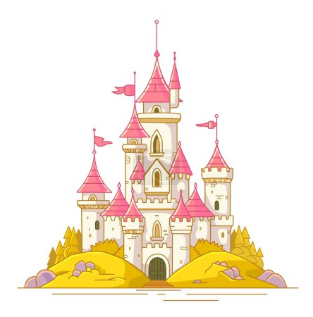 Beautiful fairy-tale castle for princess. Magic kingdom. Vintage Eastern Palace. Wonderland. Isolated cartoon illustration on a white background for stickers. Vector.