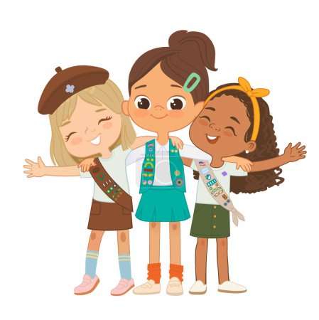 Glückliche multikulturelle Multikulti-Pfadfinderinnen umarmen sich. Junior, Cadette, Brownie Girls Scout umarmen sich fröhlich und lächeln. Mädchen zusammen. Kadettinnen-Scout